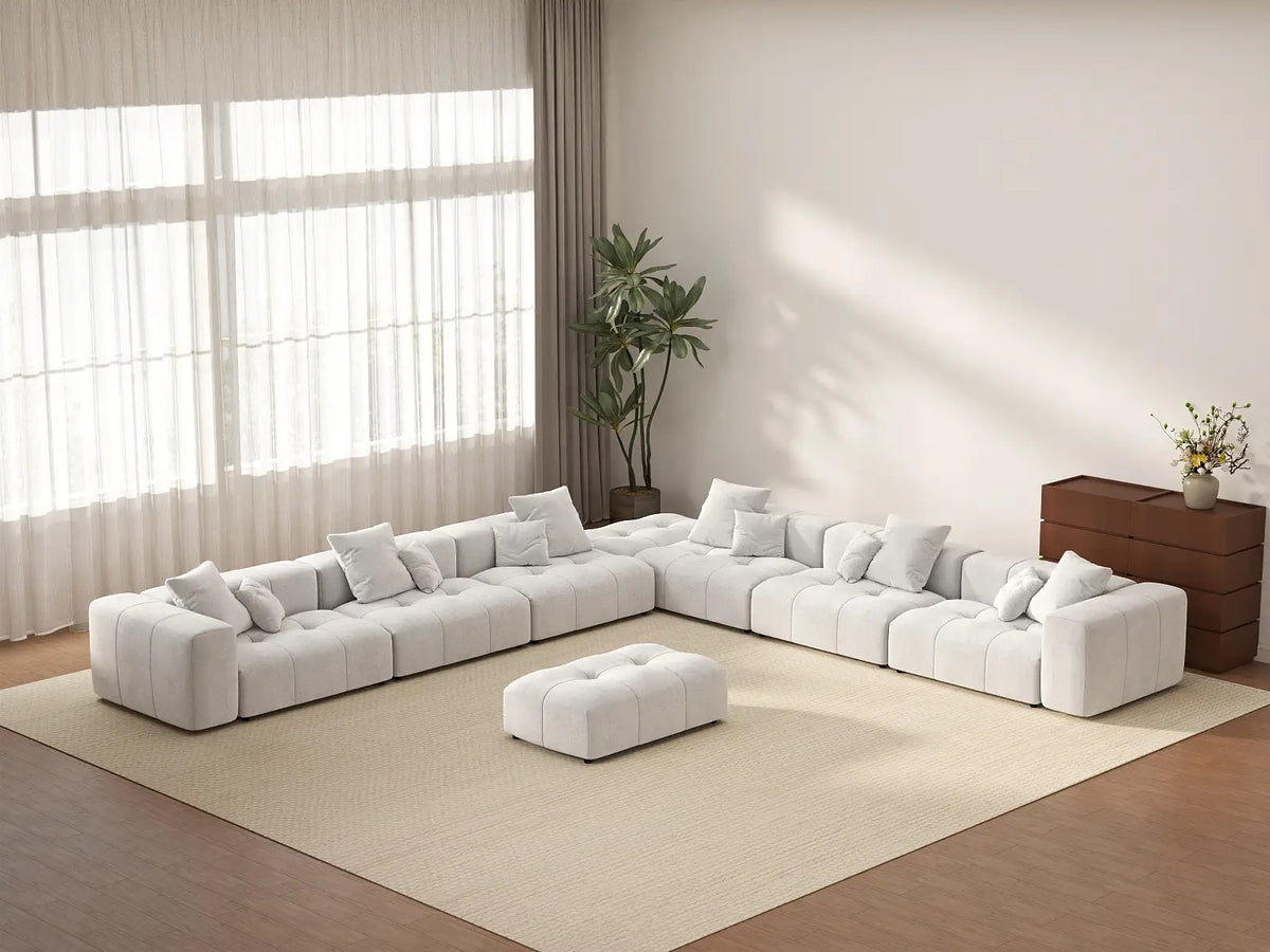 Matrix 6-Seater White Open Space Sofa Set | 8-Piece (Includes 2 Ottomans), Linen Fabric