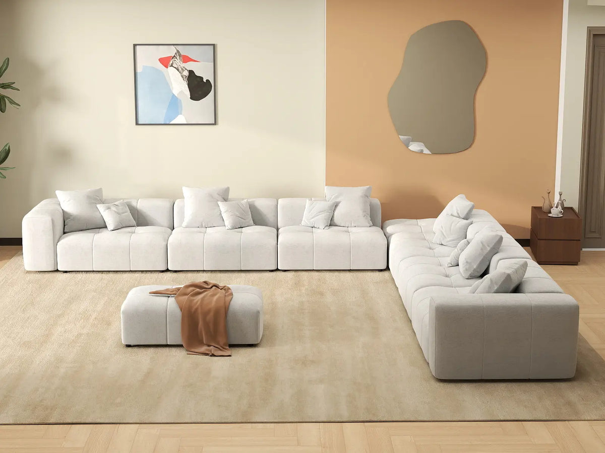 Matrix 6-Seater White Open Space Sofa Set | 8-Piece (Includes 2 Ottomans), Linen Fabric