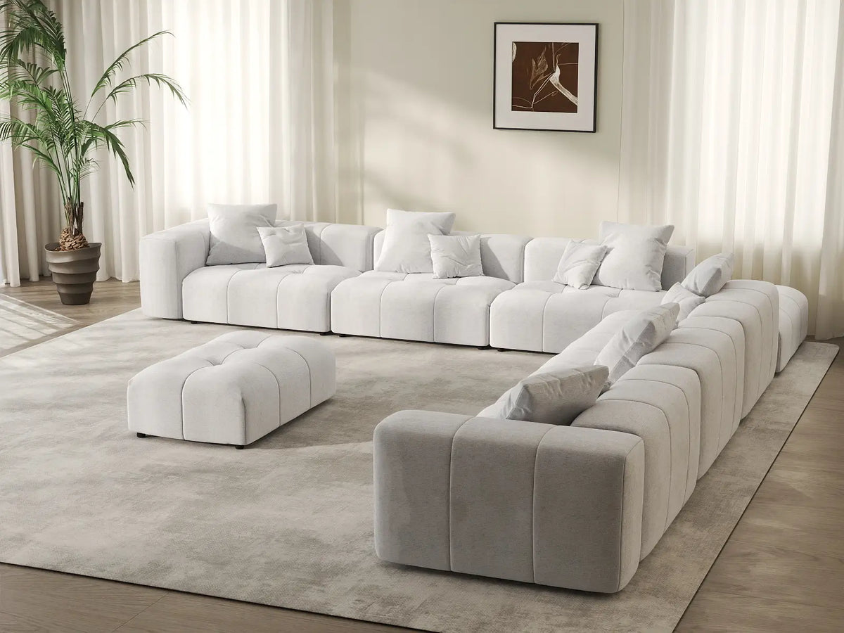 Matrix 6-Seater White Open Space Sofa Set | 8-Piece (Includes 2 Ottomans), Linen Fabric