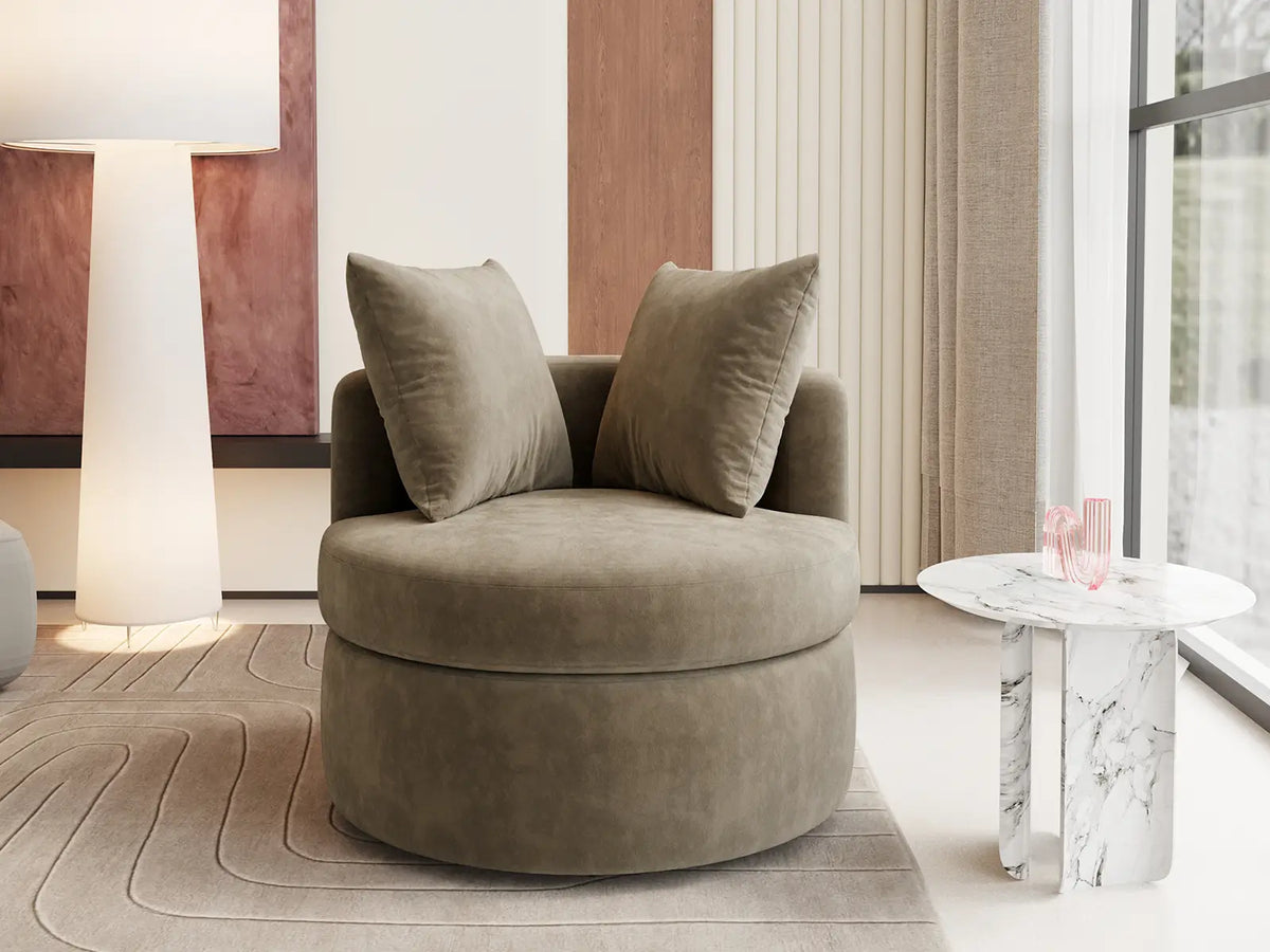 Modern 1-Seater Gray Brown Small Space Swivel Accent Chair | 1-Piece, Linen Upholstery, Curved Shelter Arms
