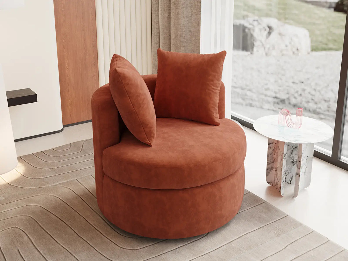 Modern 1-Seater Rust Brown Small Space Swivel Accent Chair | 1-Piece, Linen Upholstery, Curved Shelter Arms