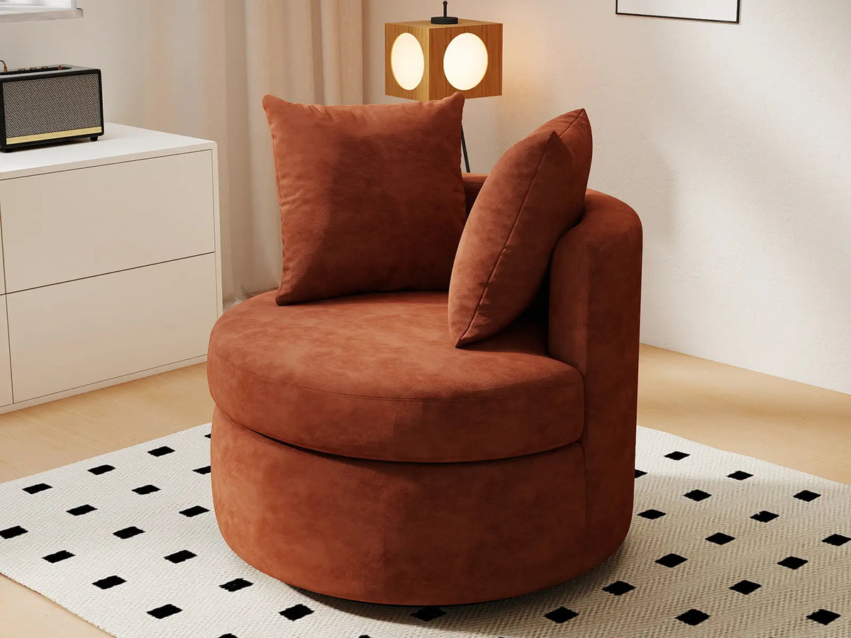 Modern 1-Seater Rust Brown Small Space Swivel Accent Chair | 1-Piece, Linen Upholstery, Curved Shelter Arms