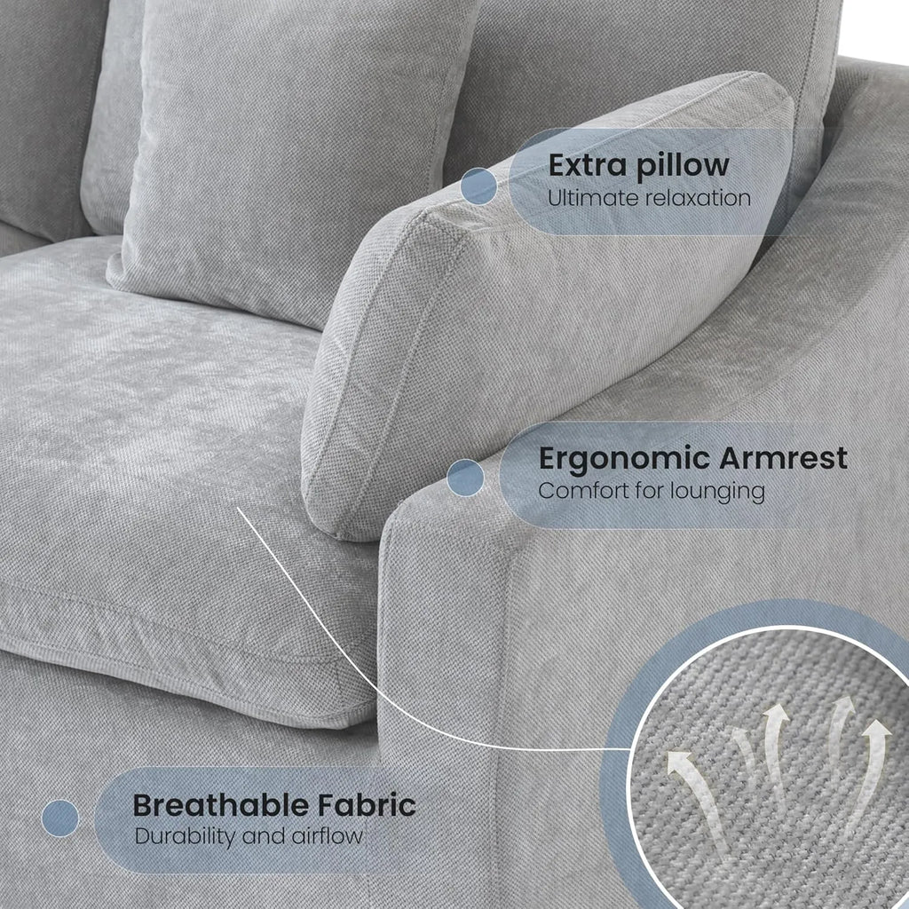 Deluxe Cloud 6-Seater Light-Grey Washable Sofa Set | 8-Piece (includes 2 Ottomans), Chenille and Linen Fabric, Modular Design