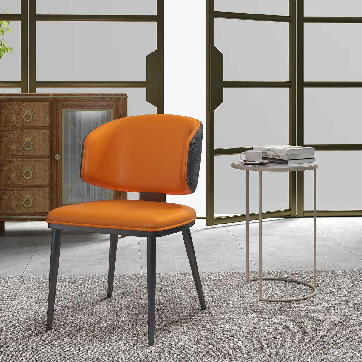 Vegan Wing Back Dining Chair | Orange PU Leather Set of 2
