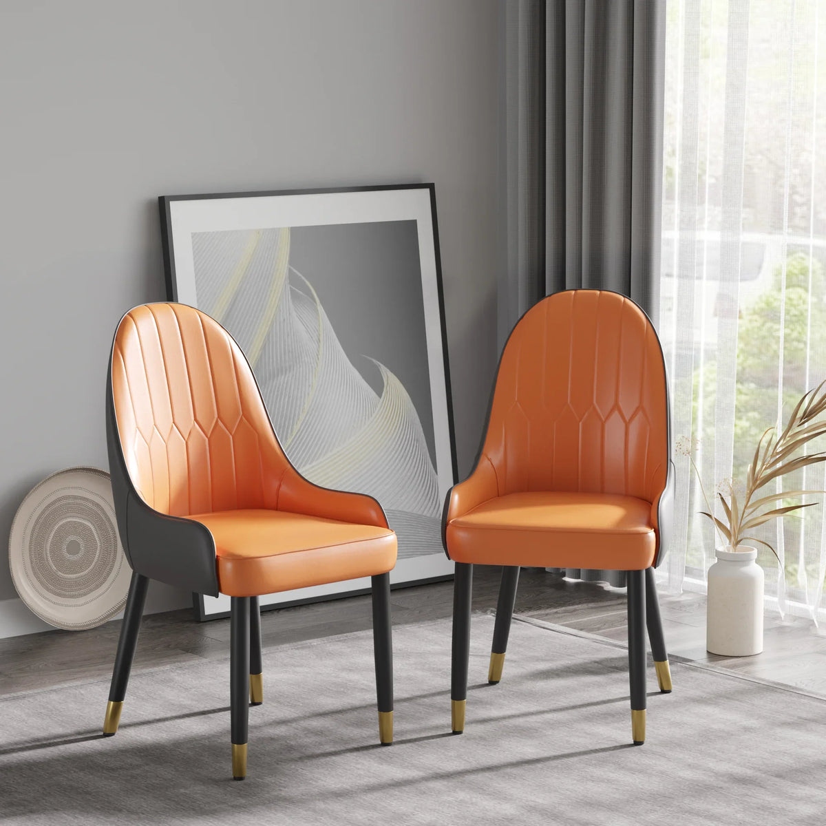 Vegan Full Back Dining Chair | Orange PU Leather Set of 2