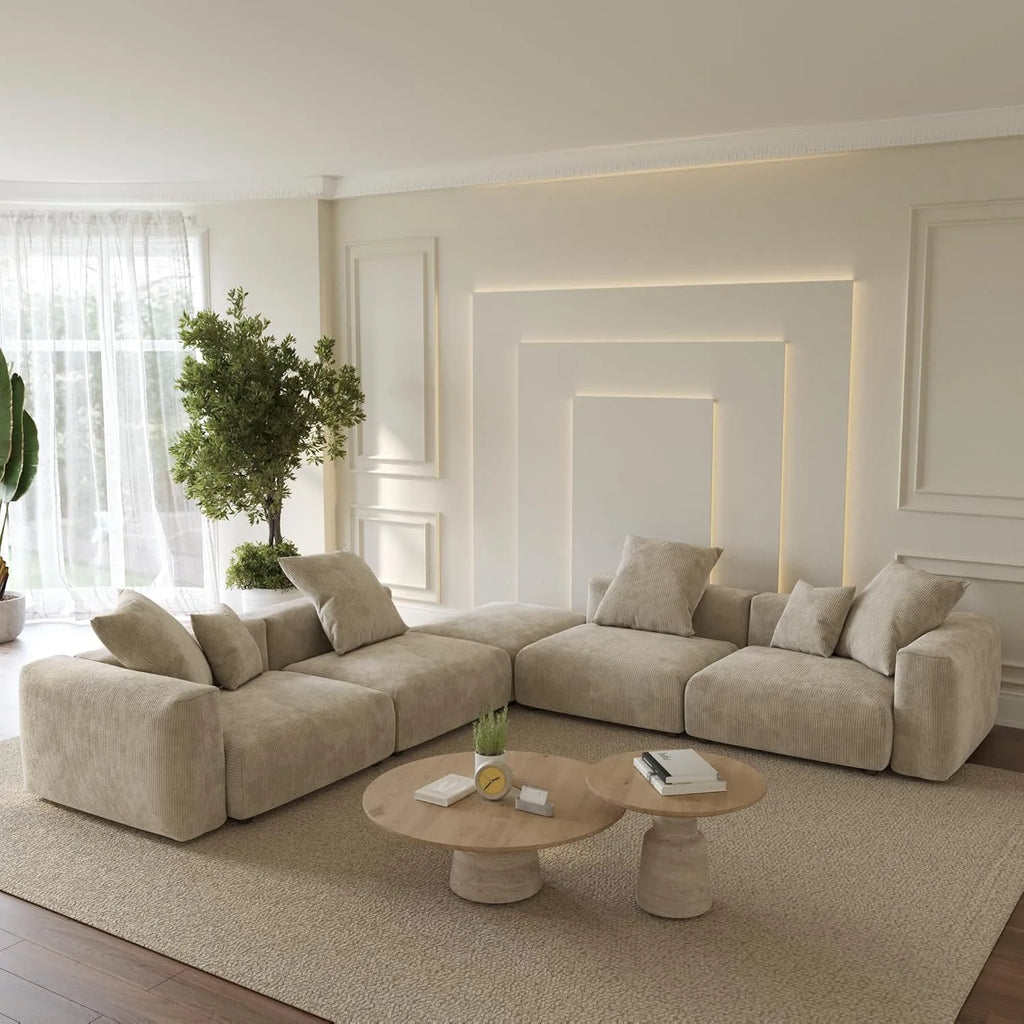 Matrix 4-Seater Beige Washable V-Shaped Sectional | 5-Piece (includes 1 Ottoman), Corduroy Fabric, Modular Design