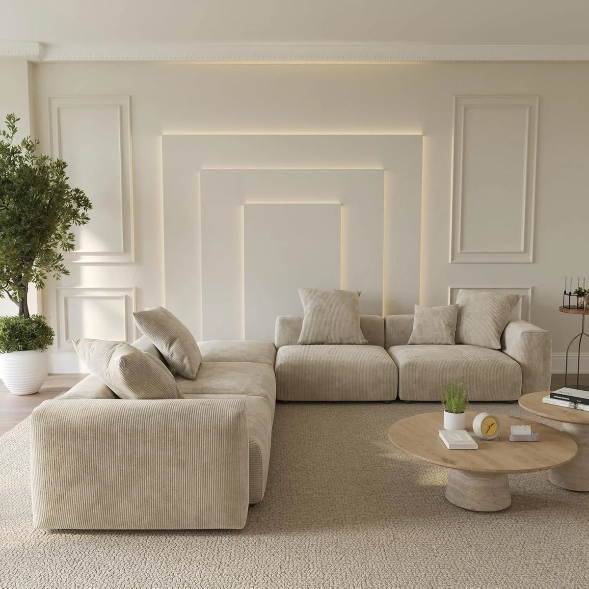 Matrix 4-Seater Beige Washable V-Shaped Sectional | 5-Piece (includes 1 Ottoman), Corduroy Fabric, Modular Design