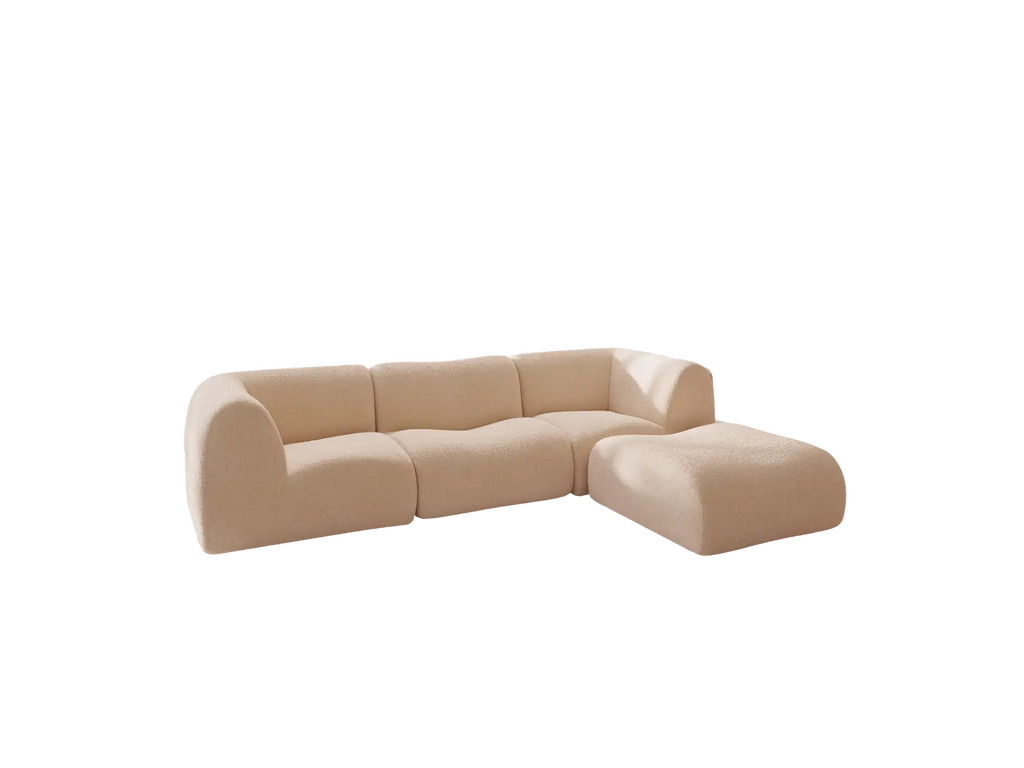 Teddy Fleece 3-Seater Sand Large Space L-Shaped Sectional | 4-Piece (Includes 1 Ottoman), Modular Design, Fixed Upholstery, Low Pillow Arm