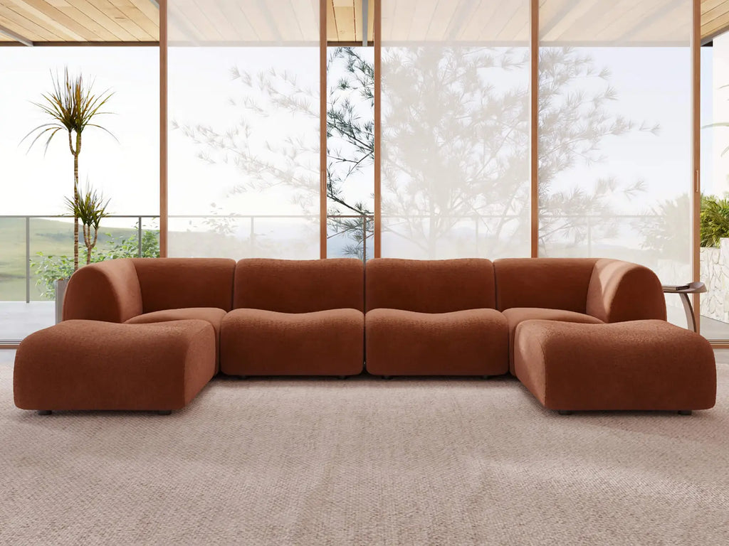 Teddy Fleece 4-Seater Rust Red Large Space U-Shaped Sectional | 6-Piece (Includes 2 Ottomans), Modular Design, Fixed Upholstery, Low Pillow Arm