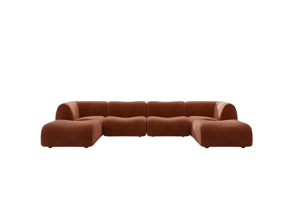 Teddy Fleece 4-Seater Rust Red Large Space U-Shaped Sectional | 6-Piece (Includes 2 Ottomans), Modular Design, Fixed Upholstery, Low Pillow Arm