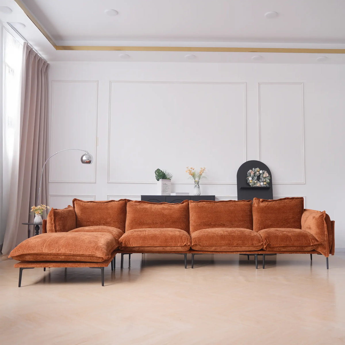 Deluxe Cloud 4-Seater Orange Modular L-Shaped Sectional | 5-Piece (includes 1 Ottoman), Velvet Fabric, Roomy Layout