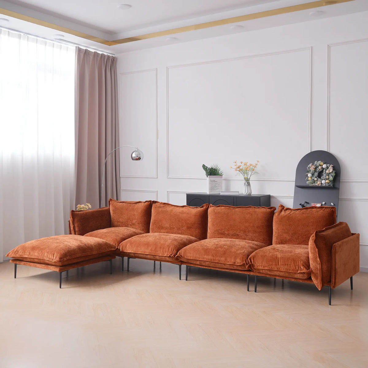 Deluxe Cloud 4-Seater Orange Modular L-Shaped Sectional | 5-Piece (includes 1 Ottoman), Velvet Fabric, Roomy Layout