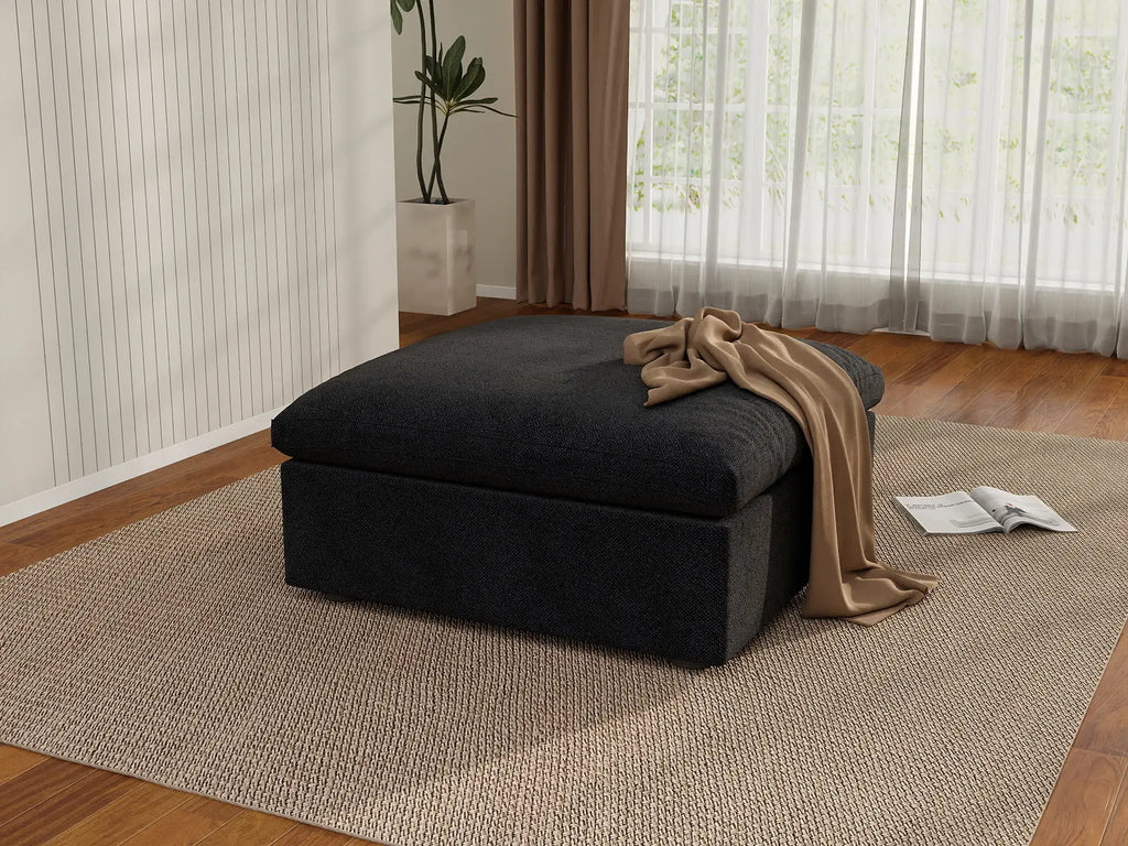 Deluxe Cloud Black Storage Ottoman | 1-Piece, Cotton and Linen Fabric, Washable Covers