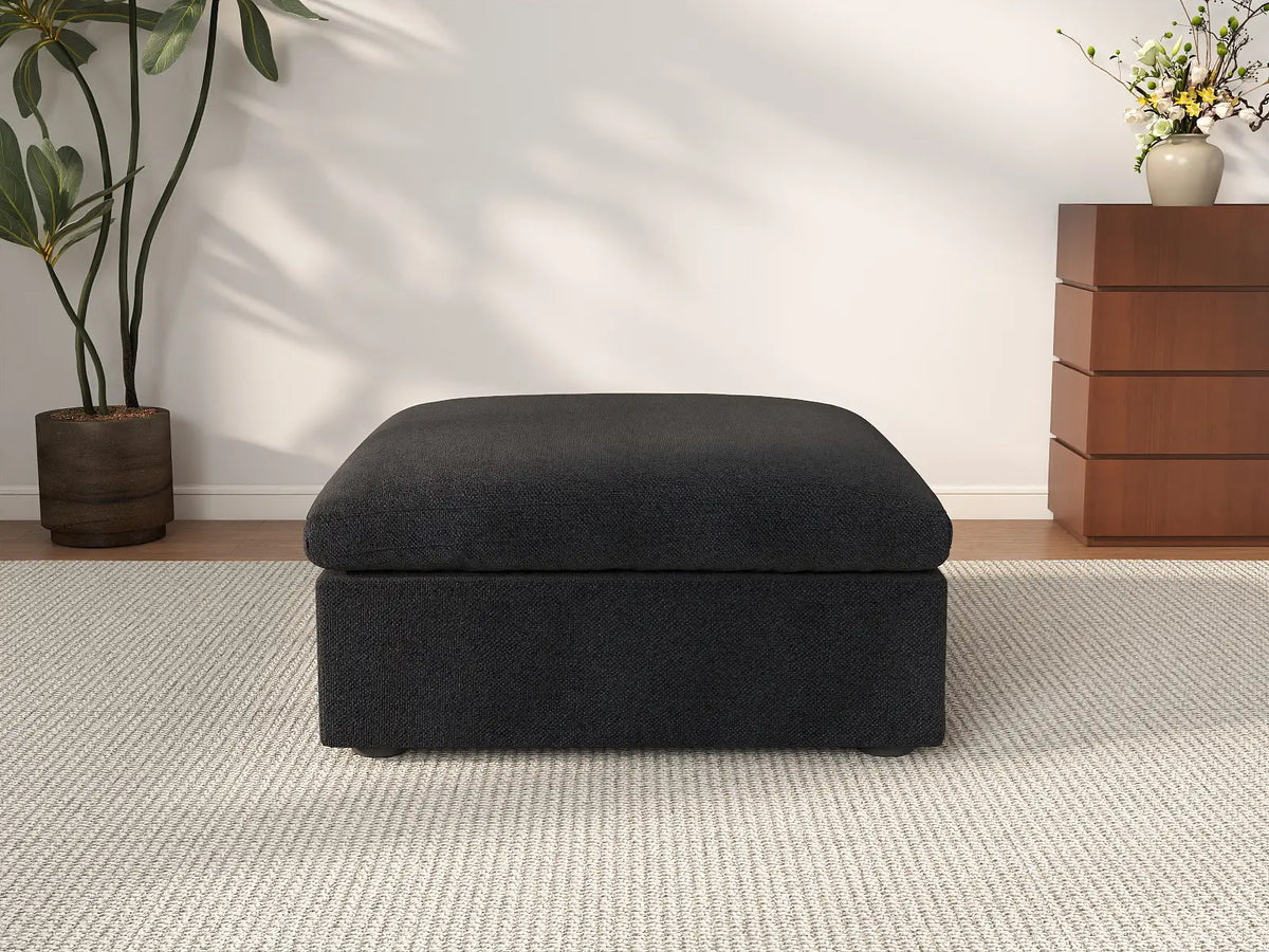 Deluxe Cloud Black Storage Ottoman | 1-Piece, Cotton and Linen Fabric, Washable Covers