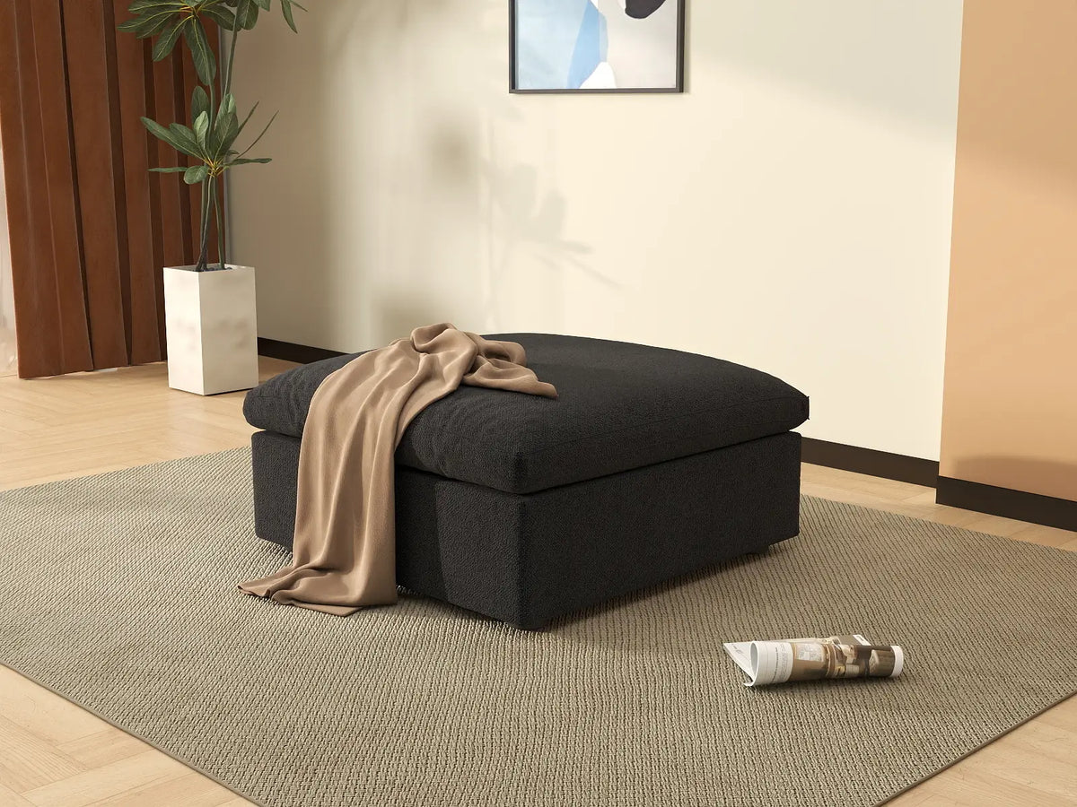 Deluxe Cloud Black Storage Ottoman | 1-Piece, Cotton and Linen Fabric, Washable Covers