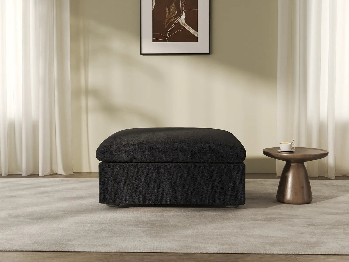 Deluxe Cloud Black Storage Ottoman | 1-Piece, Cotton and Linen Fabric, Washable Covers
