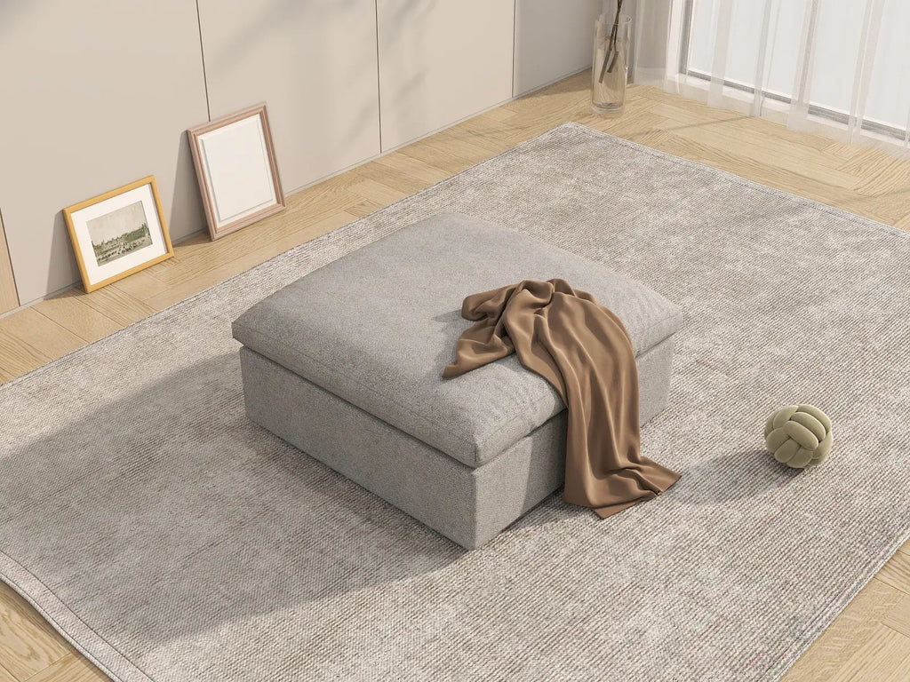 Deluxe Cloud Light-Grey Storage Ottoman | 1-Piece, Cotton and Linen Fabric, Washable Covers