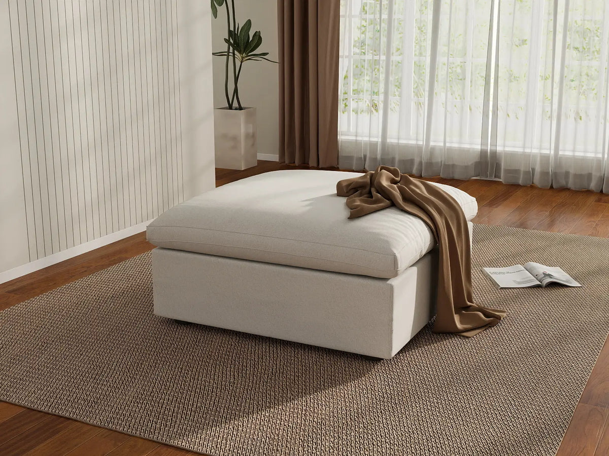Deluxe Cloud White Storage Ottoman | 1-Piece, Cotton and Linen Fabric, Washable Covers
