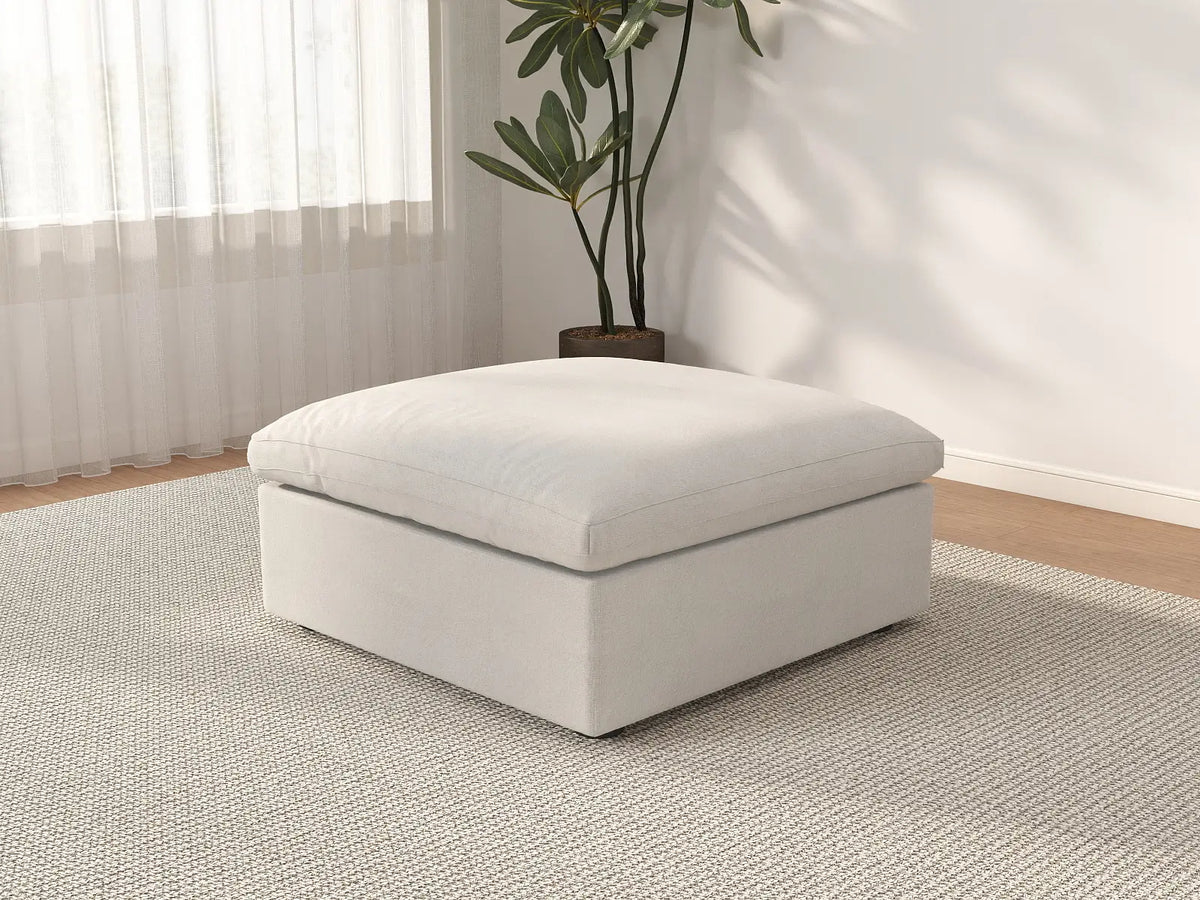 Deluxe Cloud White Storage Ottoman | 1-Piece, Cotton and Linen Fabric, Washable Covers
