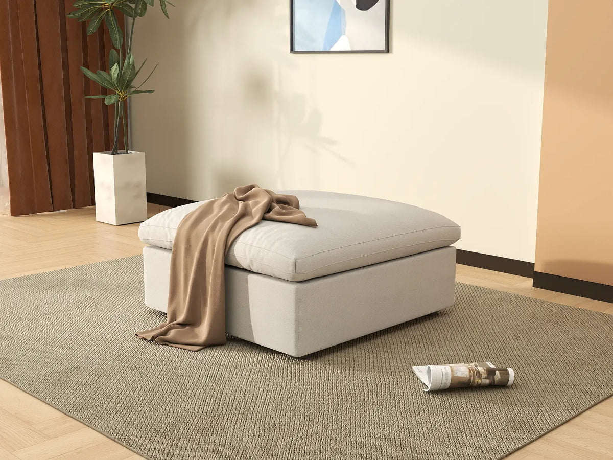 Deluxe Cloud White Storage Ottoman | 1-Piece, Cotton and Linen Fabric, Washable Covers