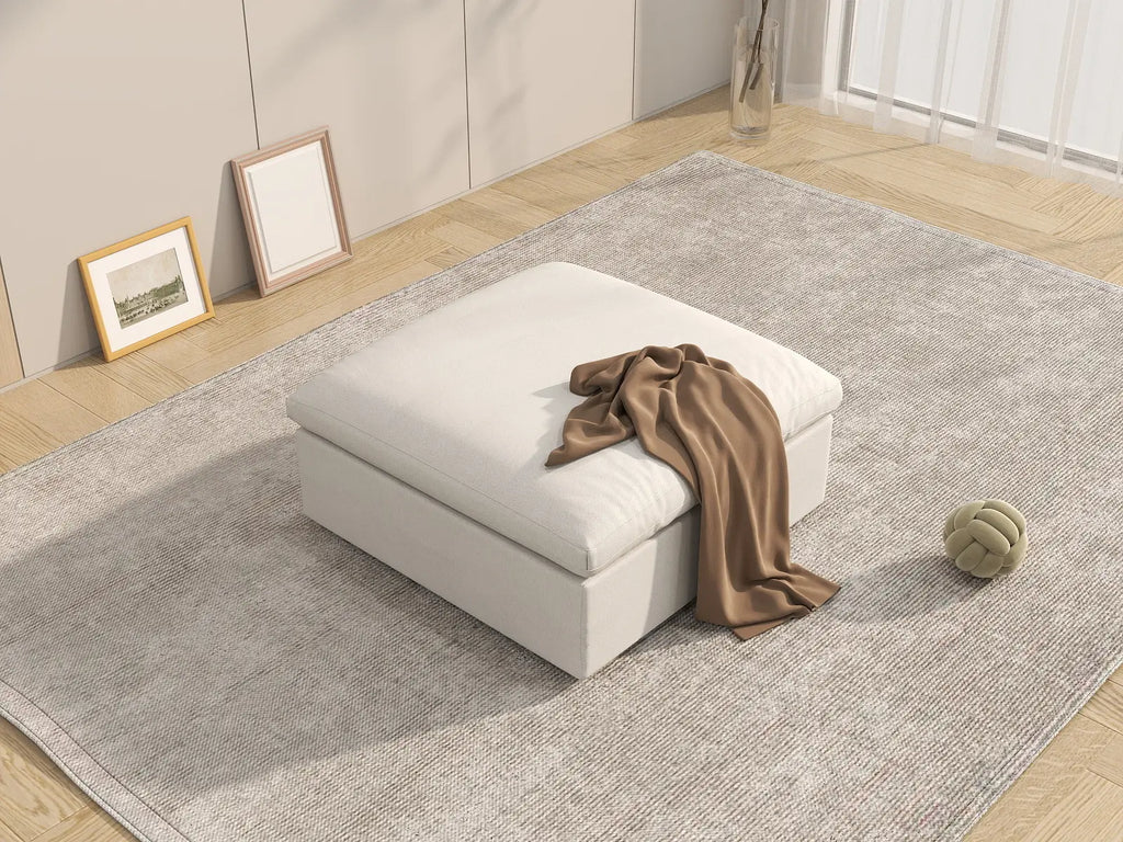 Deluxe Cloud White Storage Ottoman | 1-Piece, Cotton and Linen Fabric, Washable Covers