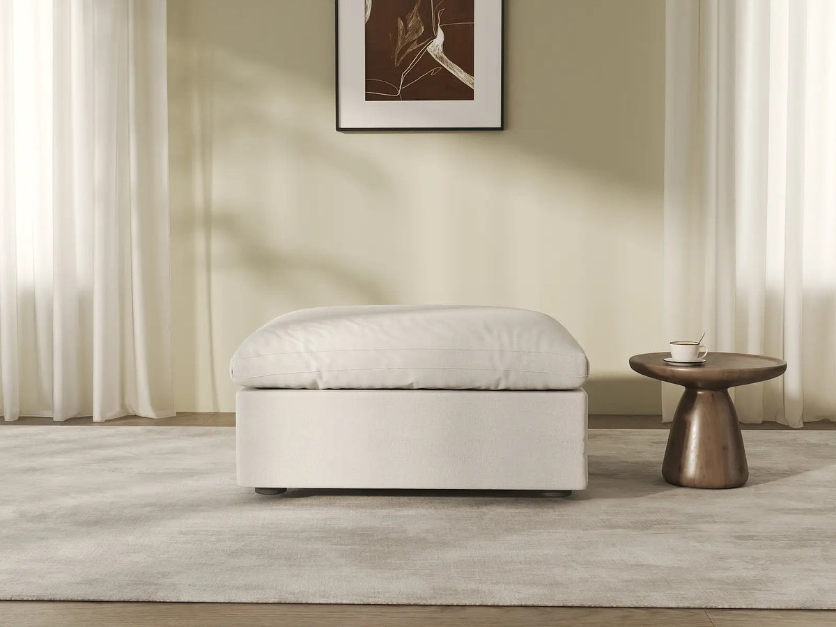 Deluxe Cloud White Storage Ottoman | 1-Piece, Cotton and Linen Fabric, Washable Covers