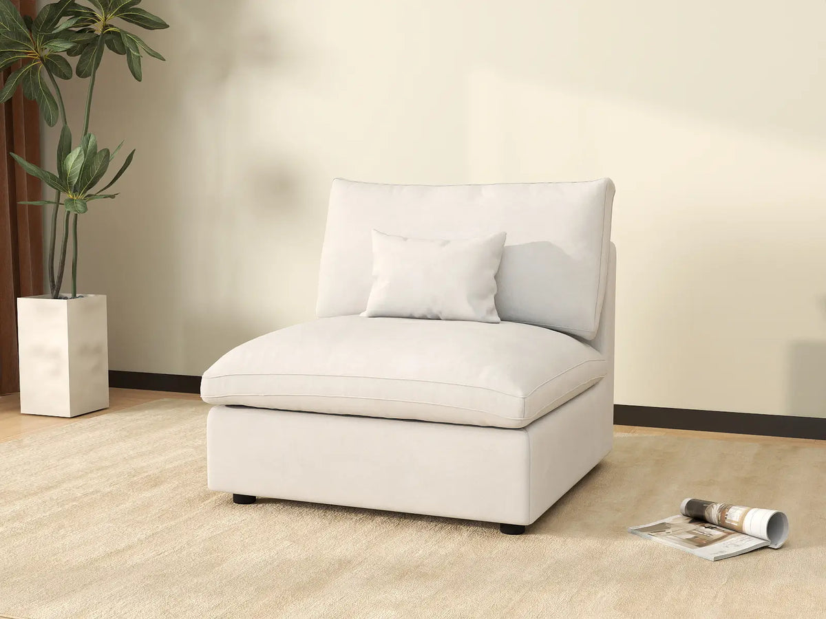 Deluxe Cloud 1-Seater White Washable Single Sofa | 1-Piece, Chenille and Linen Fabric, Modular Design