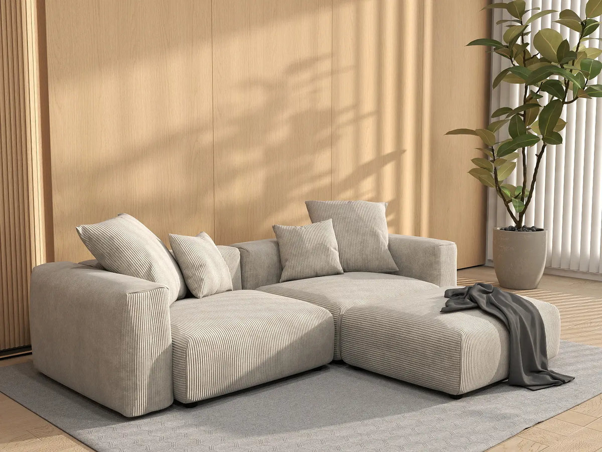 Matrix 2-Seater Beige Washable Chaise Sectional | 3-Piece (includes 1 Ottoman), Corduroy Fabric, Modular Design