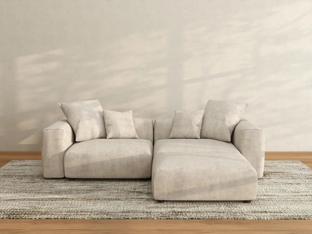 Matrix 2-Seater Beige Washable Chaise Sectional | 3-Piece (includes 1 Ottoman), Corduroy Fabric, Modular Design