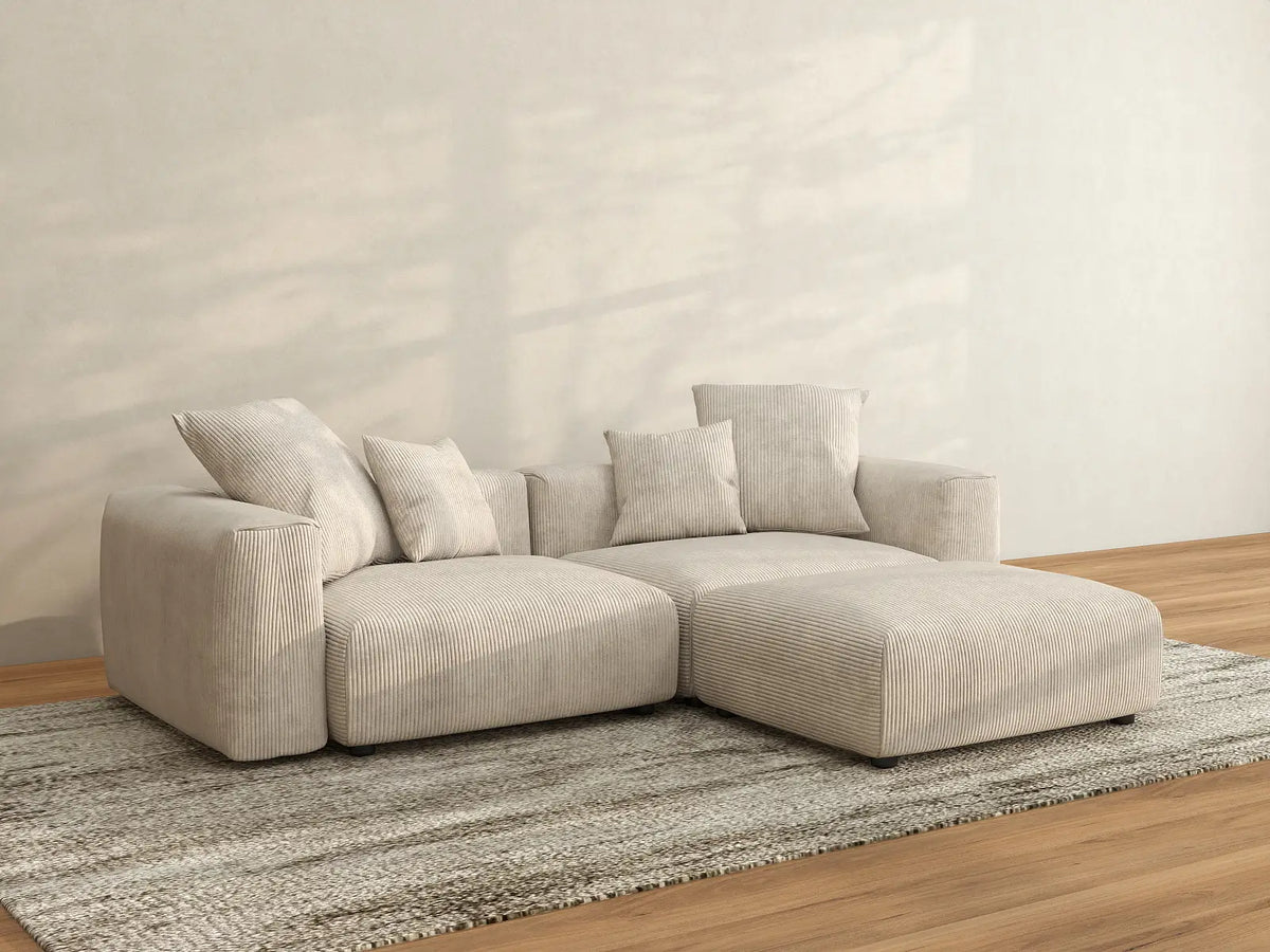 Matrix 2-Seater Beige Washable Chaise Sectional | 3-Piece (includes 1 Ottoman), Corduroy Fabric, Modular Design