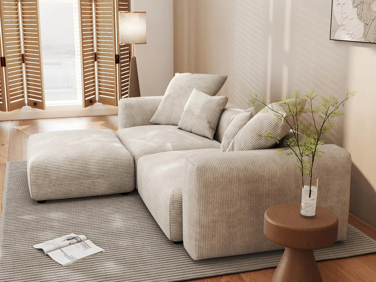 Matrix 2-Seater Beige Washable Chaise Sectional | 3-Piece (includes 1 Ottoman), Corduroy Fabric, Modular Design