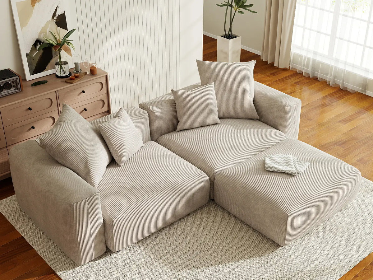 Matrix 2-Seater Beige Washable Chaise Sectional | 3-Piece (includes 1 Ottoman), Corduroy Fabric, Modular Design