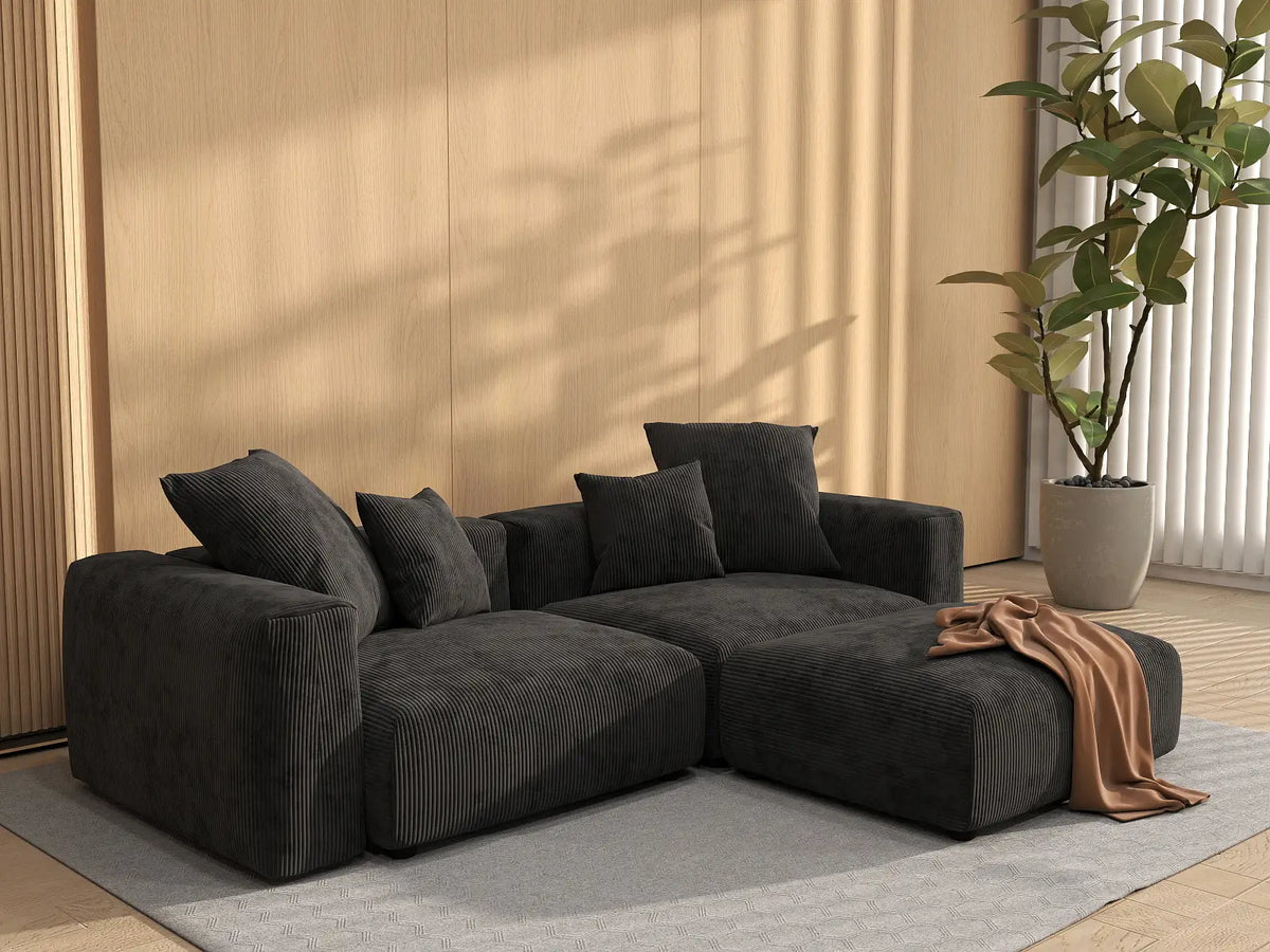 Matrix 2-Seater Black Washable Chaise Sectional | 3-Piece (includes 1 Ottoman), Corduroy Fabric, Modular Design