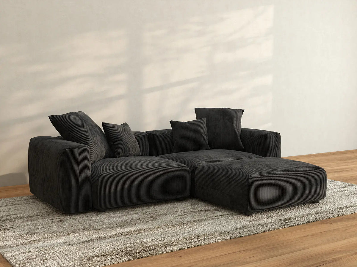 Matrix 2-Seater Black Washable Chaise Sectional | 3-Piece (includes 1 Ottoman), Corduroy Fabric, Modular Design