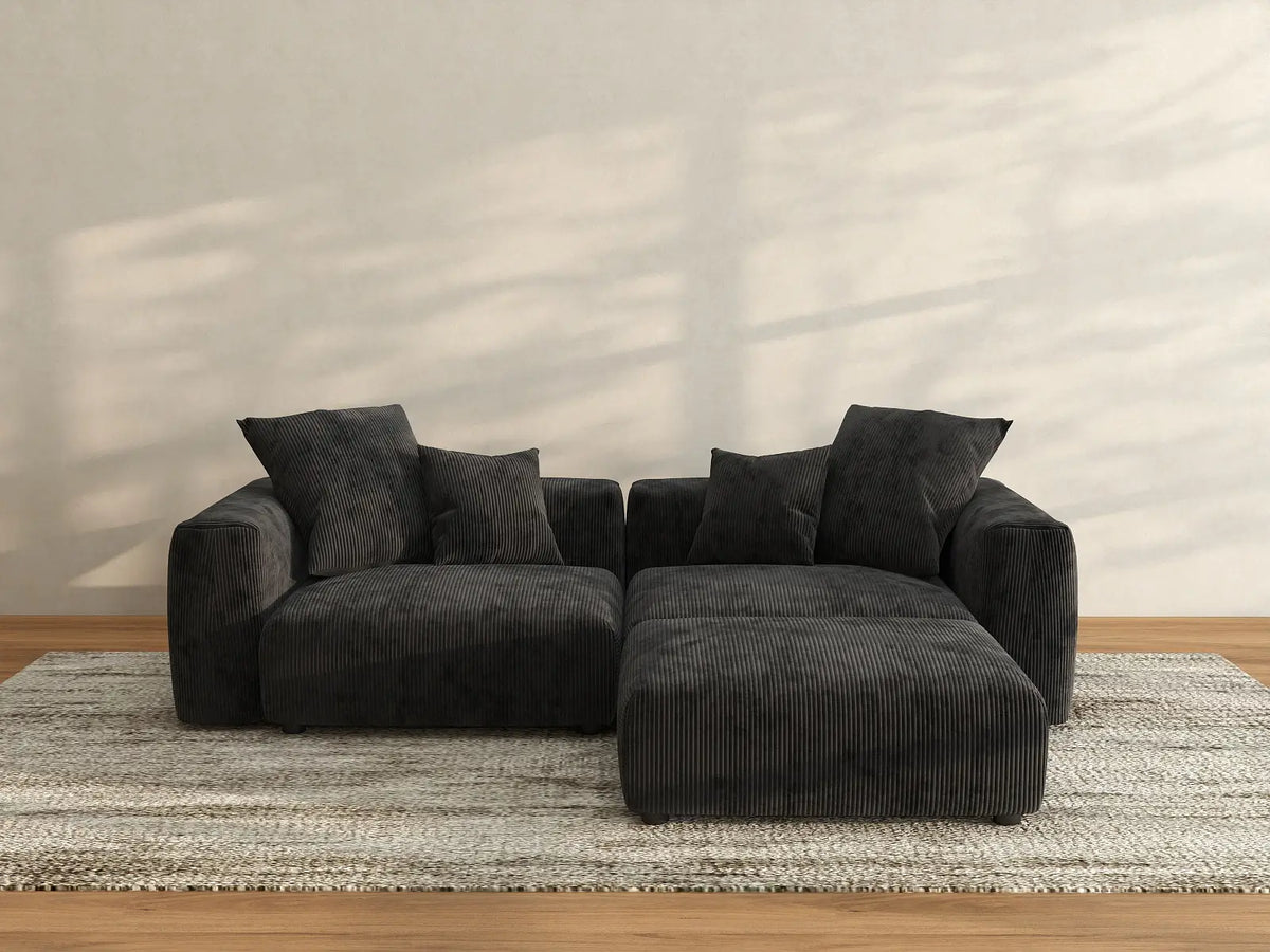 Matrix 2-Seater Black Washable Chaise Sectional | 3-Piece (includes 1 Ottoman), Corduroy Fabric, Modular Design