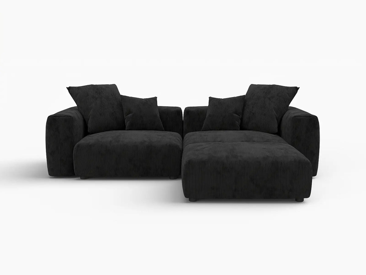 Matrix 2-Seater Black Washable Chaise Sectional | 3-Piece (includes 1 Ottoman), Corduroy Fabric, Modular Design