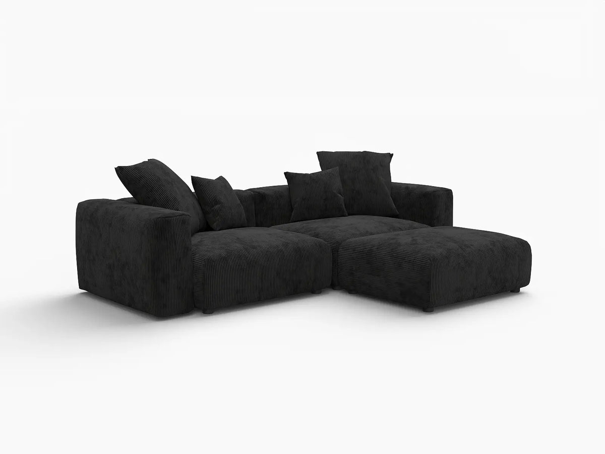 Matrix 2-Seater Black Washable Chaise Sectional | 3-Piece (includes 1 Ottoman), Corduroy Fabric, Modular Design