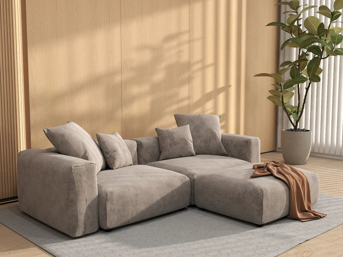 Matrix 2-Seater Brown Washable Chaise Sectional | 3-Piece (includes 1 Ottoman), Corduroy Fabric, Modular Design