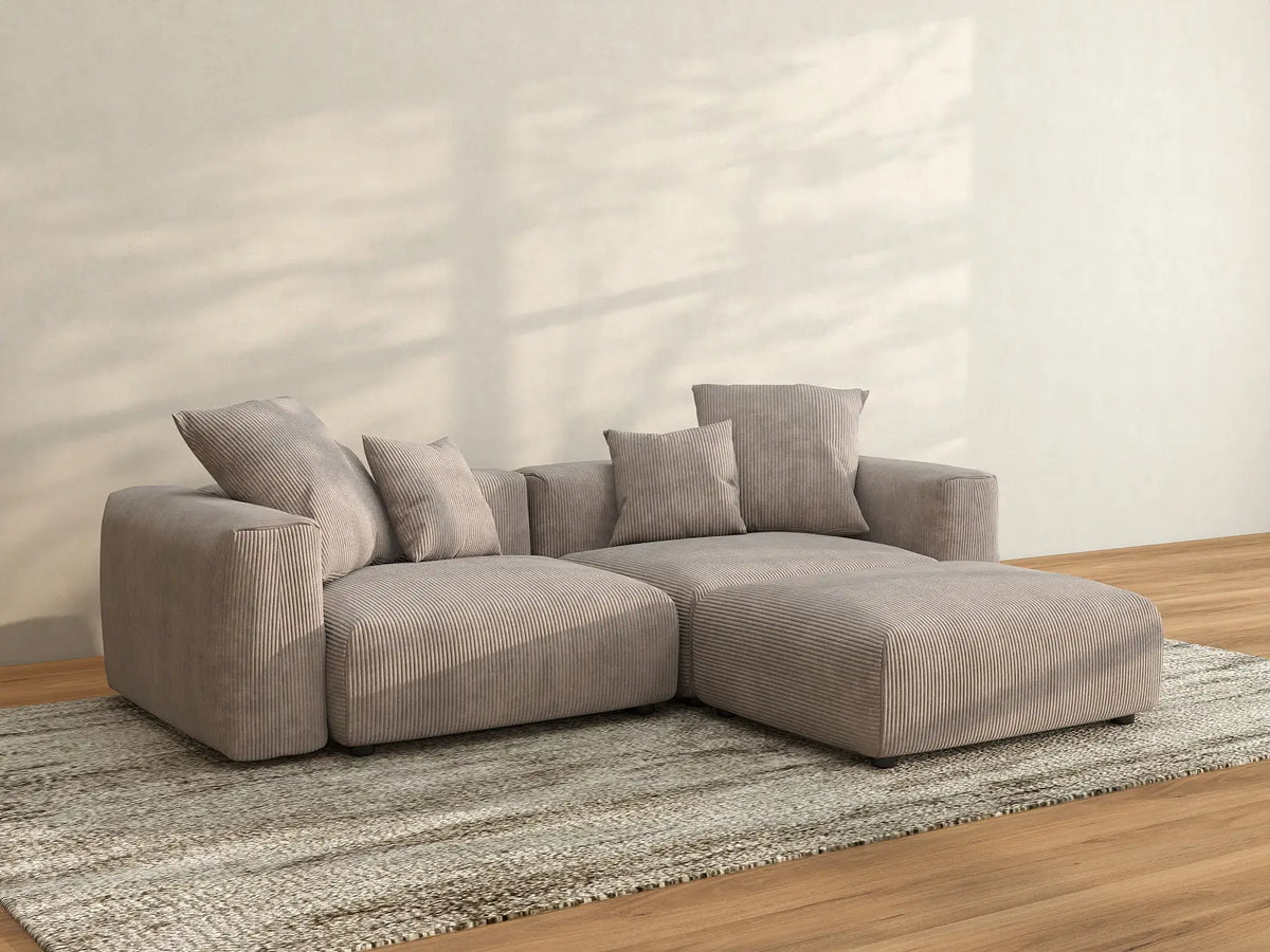 Matrix 2-Seater Brown Washable Chaise Sectional | 3-Piece (includes 1 Ottoman), Corduroy Fabric, Modular Design