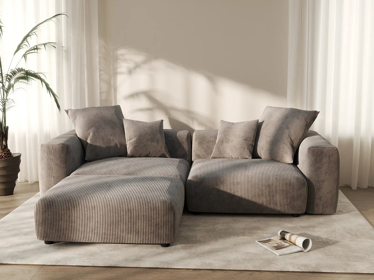 Matrix 2-Seater Brown Washable Chaise Sectional | 3-Piece (includes 1 Ottoman), Corduroy Fabric, Modular Design