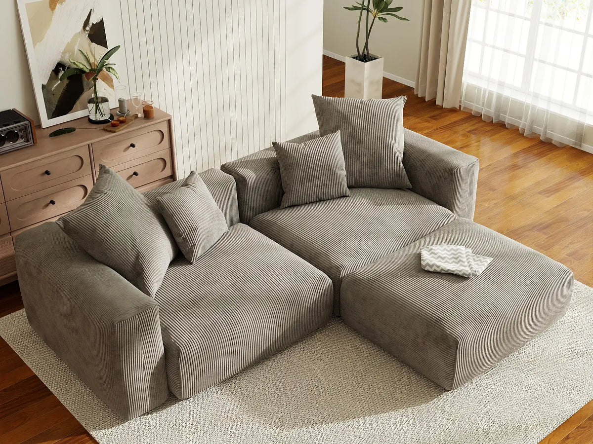 Matrix 2-Seater Brown Washable Chaise Sectional | 3-Piece (includes 1 Ottoman), Corduroy Fabric, Modular Design