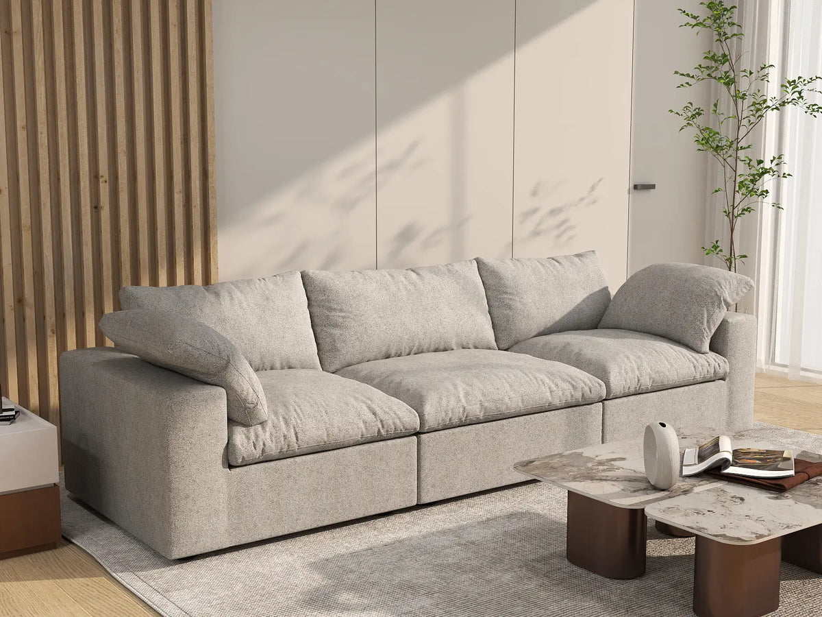 Deluxe Cloud 3-Seater Light-Grey Washable Couch Sectional | 3-Piece, Cotton and Linen Fabric, Modular Design