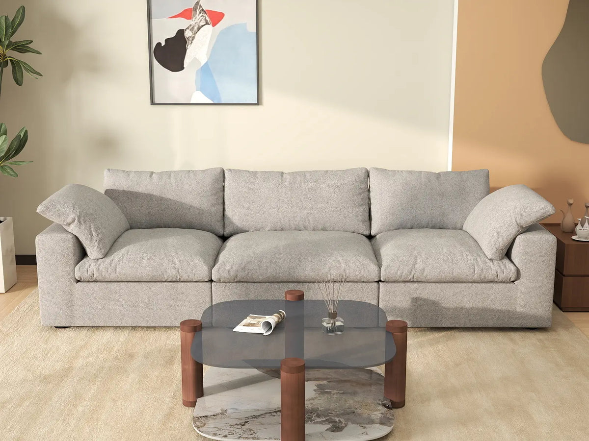 Deluxe Cloud 3-Seater Light-Grey Washable Couch Sectional | 3-Piece, Cotton and Linen Fabric, Modular Design