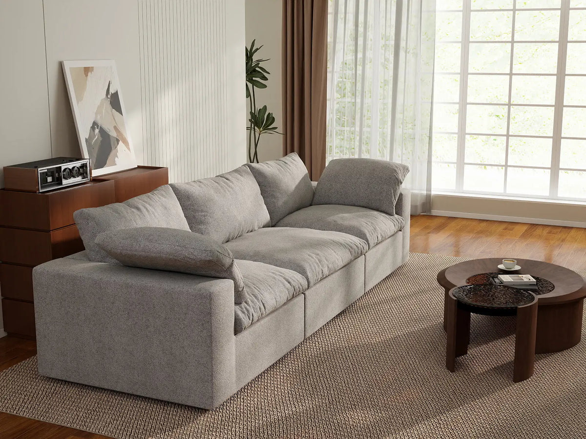 Deluxe Cloud 3-Seater Light-Grey Washable Couch Sectional | 3-Piece, Cotton and Linen Fabric, Modular Design