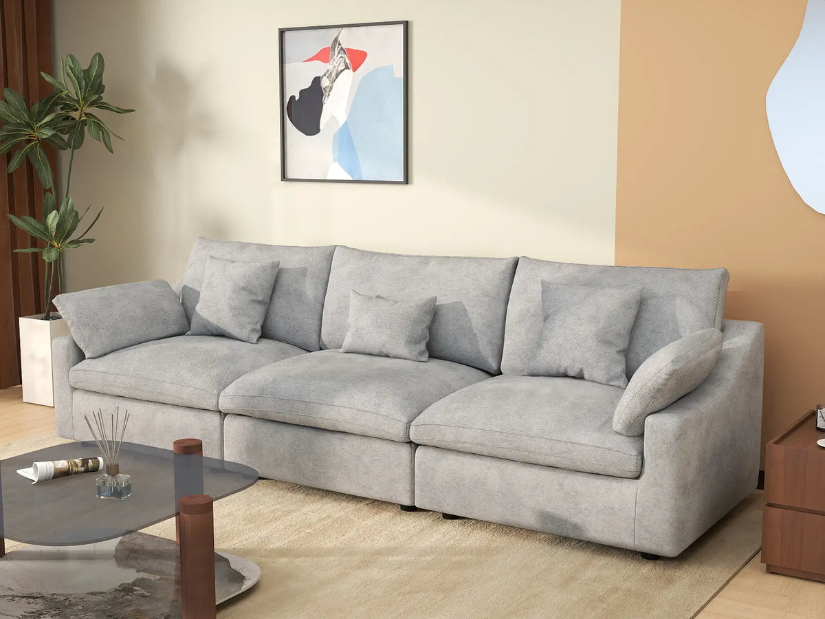 Deluxe Cloud 3-Seater Light-Grey Washable Couch Sectional | 3-Piece, Chenille and Linen Fabric, Modular Design