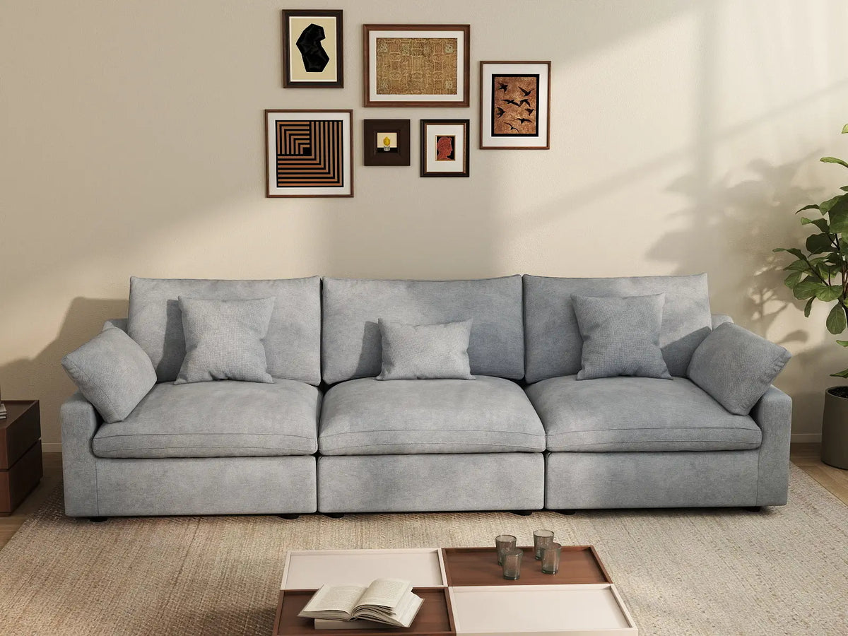 Deluxe Cloud 3-Seater Light-Grey Washable Couch Sectional | 3-Piece, Chenille and Linen Fabric, Modular Design