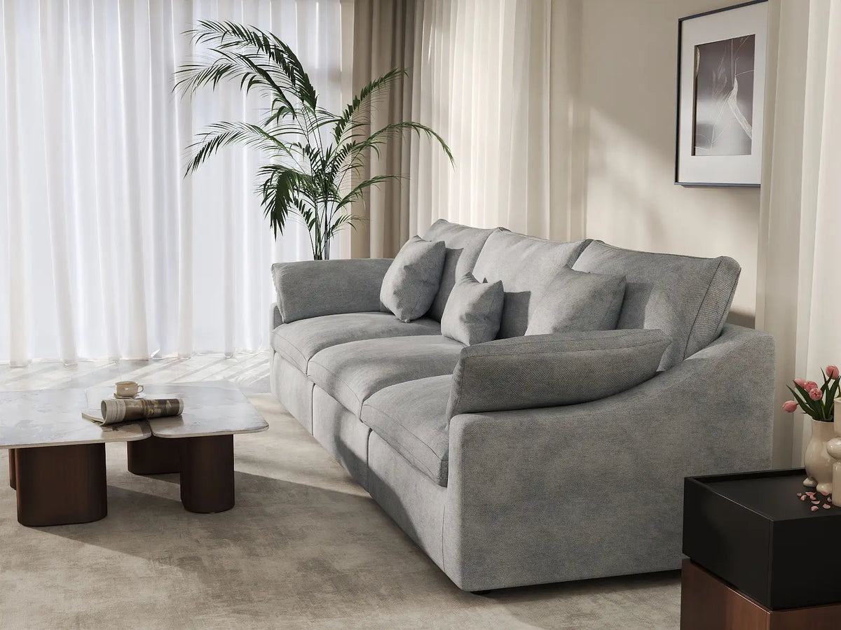 Deluxe Cloud 3-Seater Light-Grey Washable Couch Sectional | 3-Piece, Chenille and Linen Fabric, Modular Design
