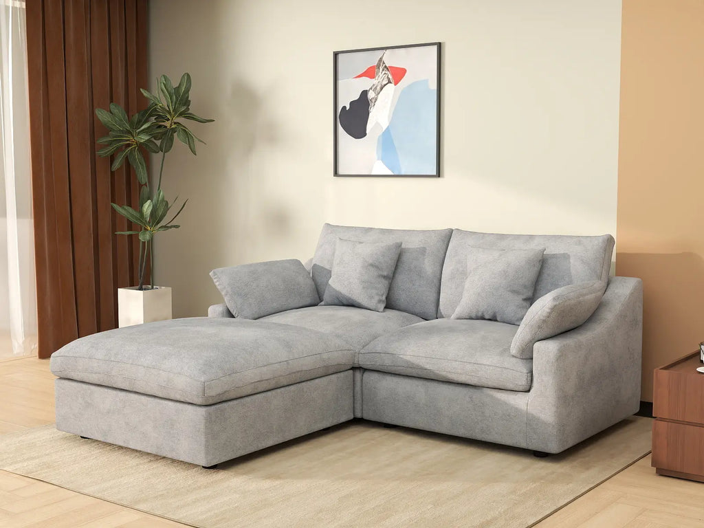 Deluxe Cloud 2-Seater Light-Grey Washable Chaise Sectional | 3-Piece (includes 1 Ottoman), Chenille and Linen Fabric, Modular Design