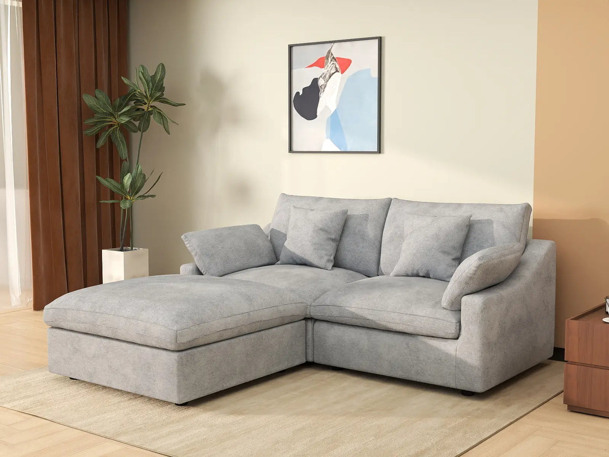 Deluxe Cloud 2-Seater Light-Grey Washable Chaise Sectional | 3-Piece (includes 1 Ottoman), Chenille and Linen Fabric, Modular Design