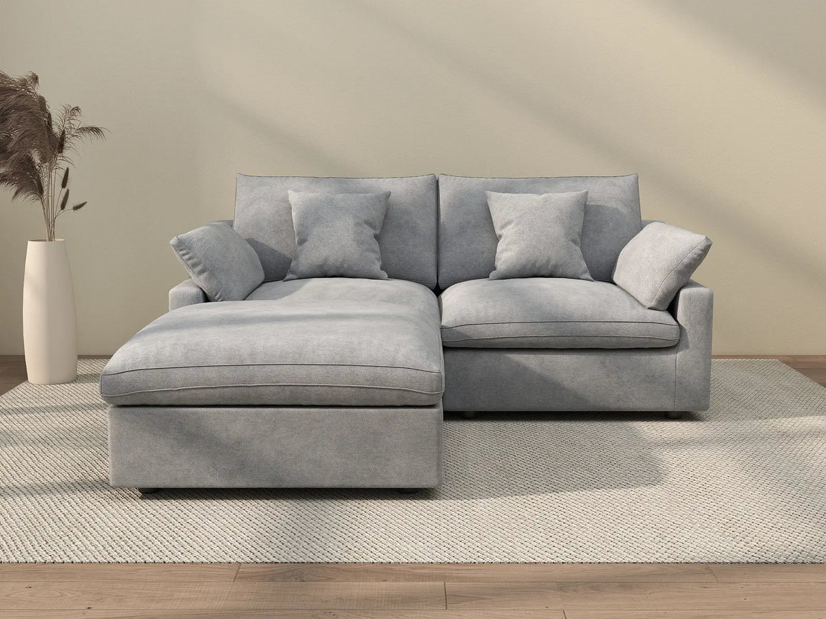 Deluxe Cloud 2-Seater Light-Grey Washable Chaise Sectional | 3-Piece (includes 1 Ottoman), Chenille and Linen Fabric, Modular Design
